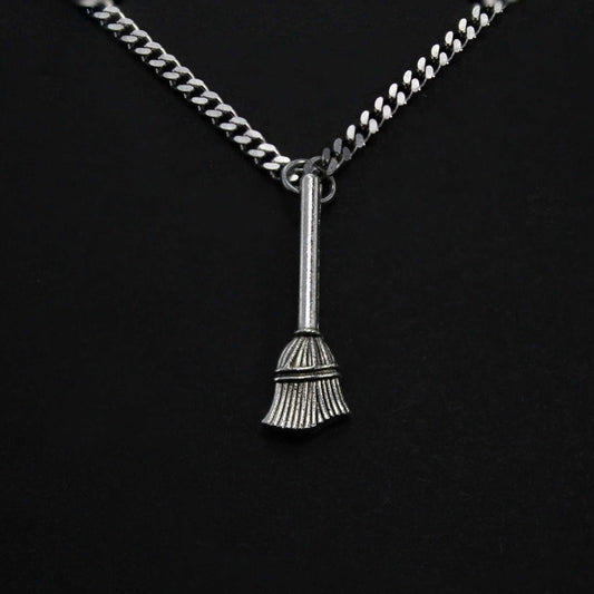 Halloween Broom Silver Cuban Necklace