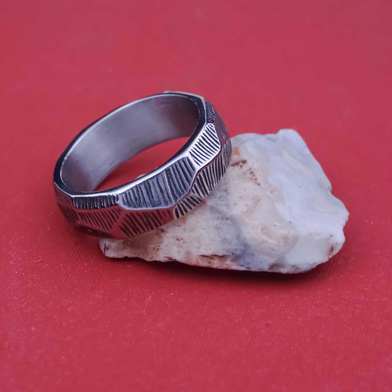Oxidised Faceted Argentium Silver Viking Ring - Rough Hammered Textured Band - Mens/Ladies Sizes - Industrial Viking - Stainless steel ring