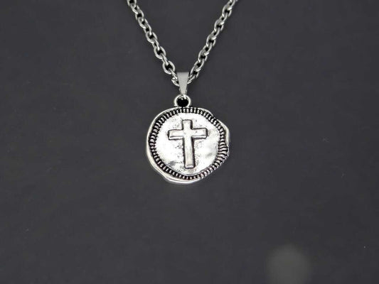 CRW Cross Coin Necklace with 1.6mm rolo chain in silver - Religious Necklaces for Women - Bible Necklace for Men - Necklace with Pendant