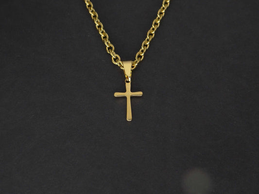 CRW Tiny Cross Necklace with 1.6mm rolo link chain in gold - Crisscross Necklace for Women - Jesus Necklace for Men - Necklace with Pendant